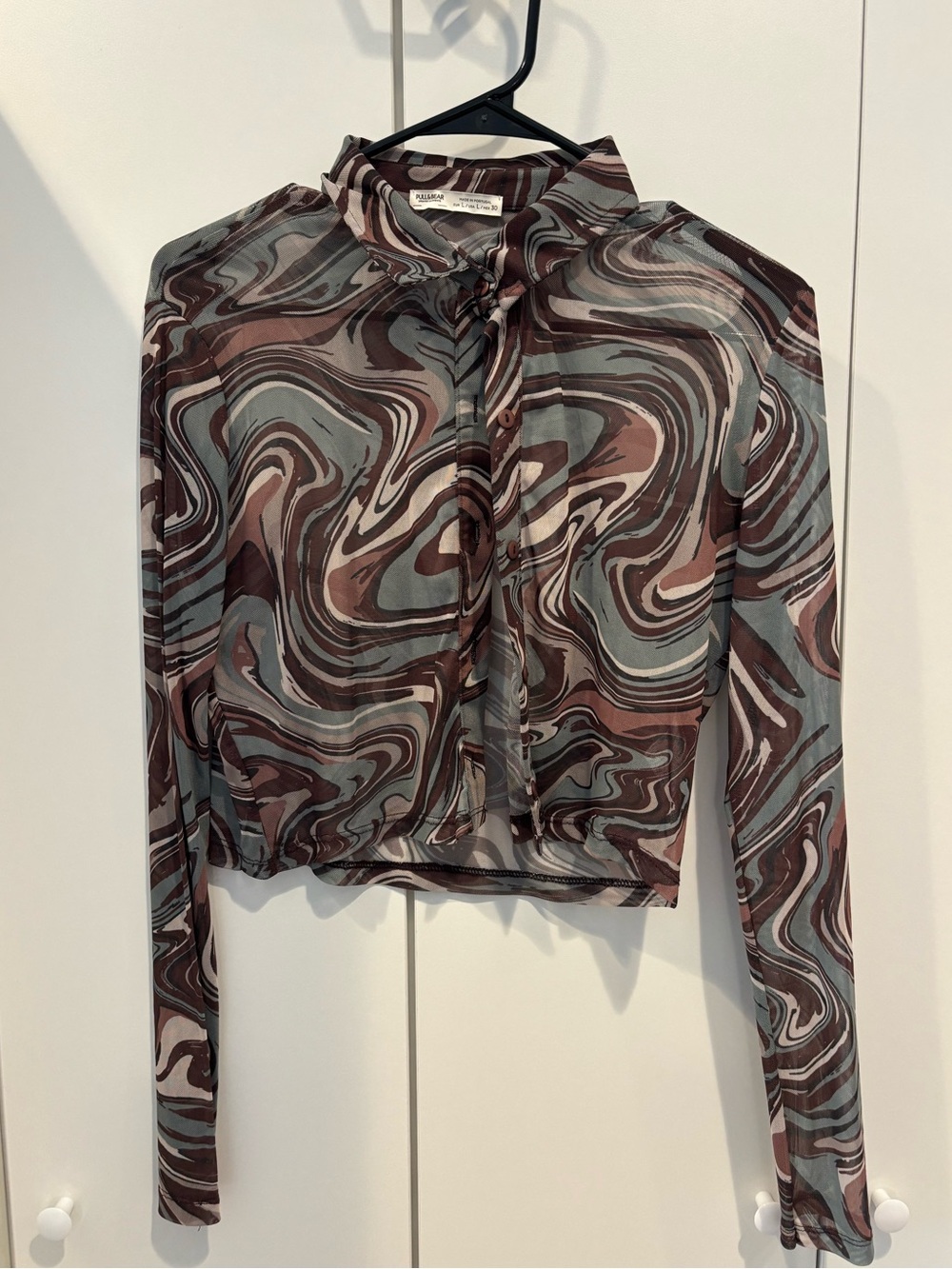 Pull&Bear Swirl Tie-Neck Long Sleeve Top - Brown & Gray